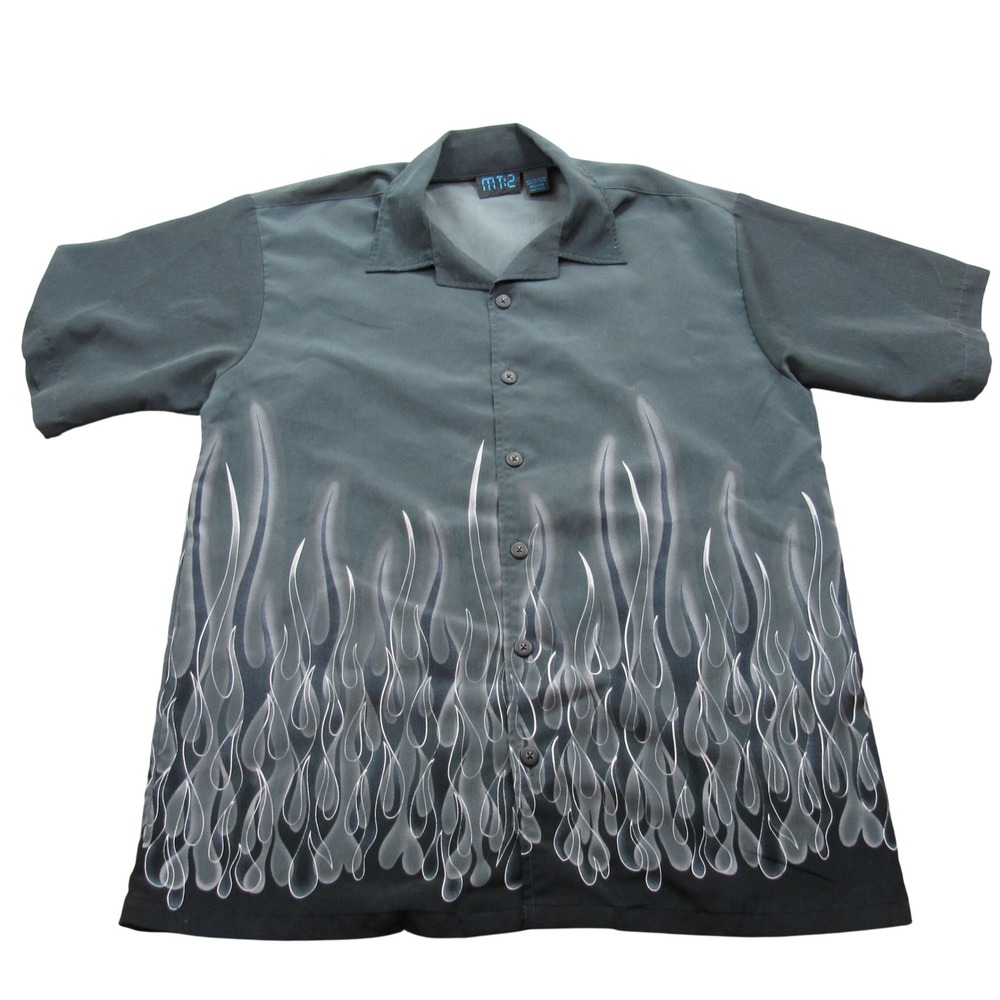 MT2 Mens Short‎ Sleeve Button Up Shirt Flame Print Gray Black Medium